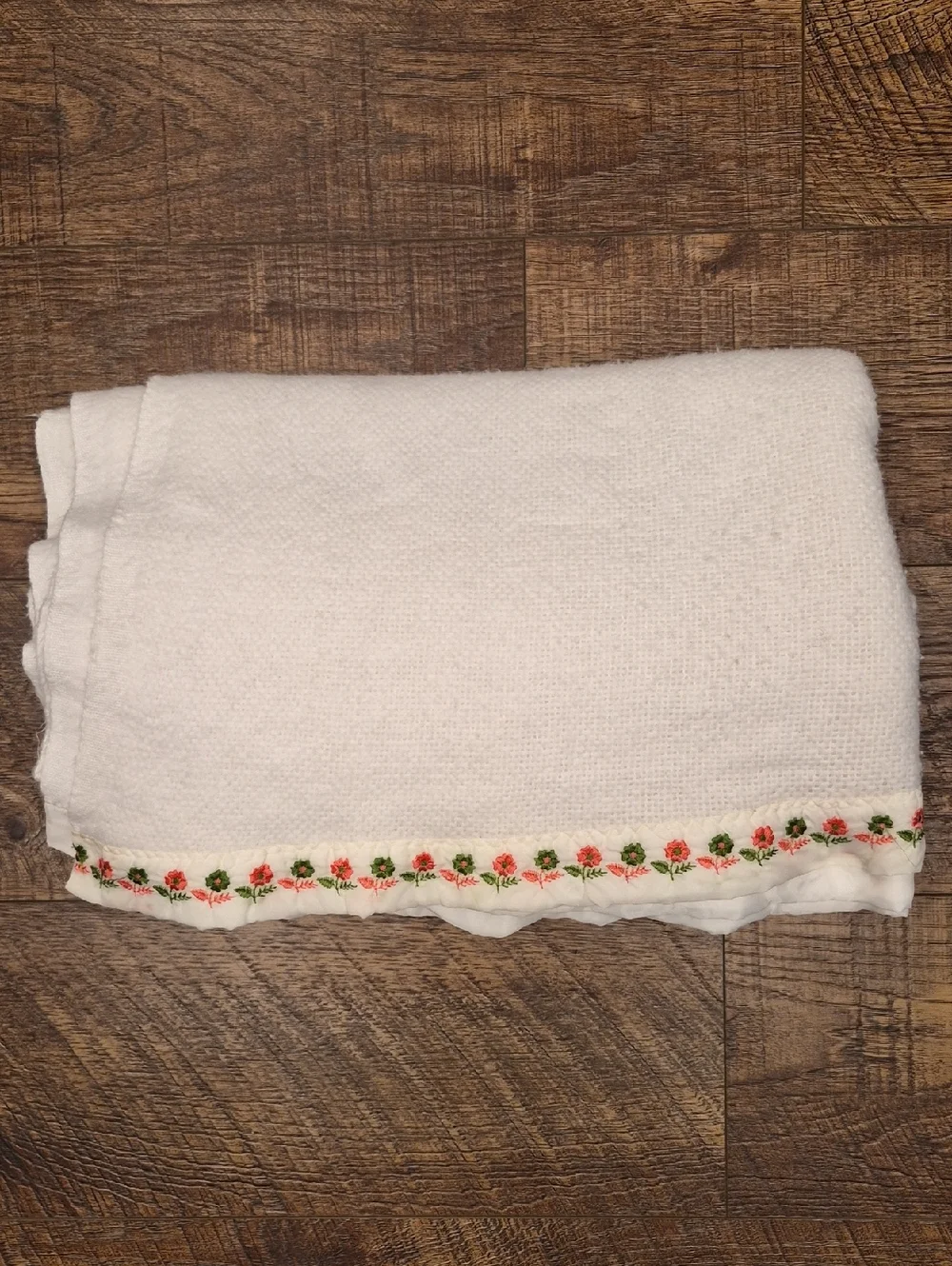 Vintage White Waffle Weave Blanket With Embroidered Satin Trim Around 85 X 85